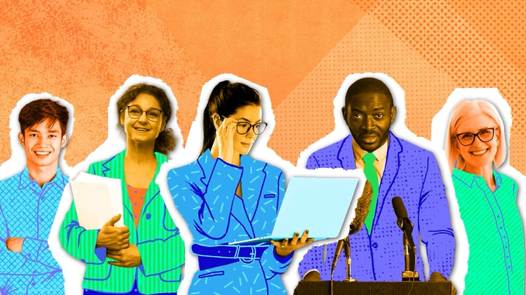 a group of people, a scientist, a computer analyst, a politician. a young man and an adult woman.