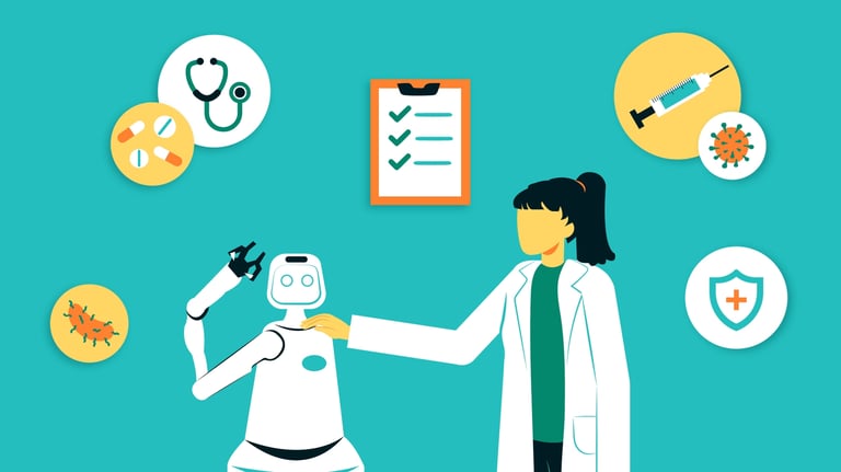 a doctor woman touching a medical assistant robot with medical symbols in the background