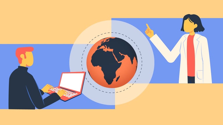 a woman in a lab coat and a man in a laptop computer. The Earth spininng in the middle