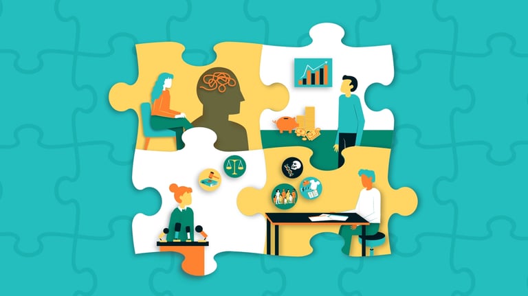 four puzzle pieces with a psychologist, an economist, a politician and an anthropologist inside