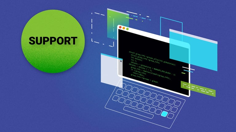 a computer creen with a keyboard and coding text. Next to it, a bubble with "support" written on it