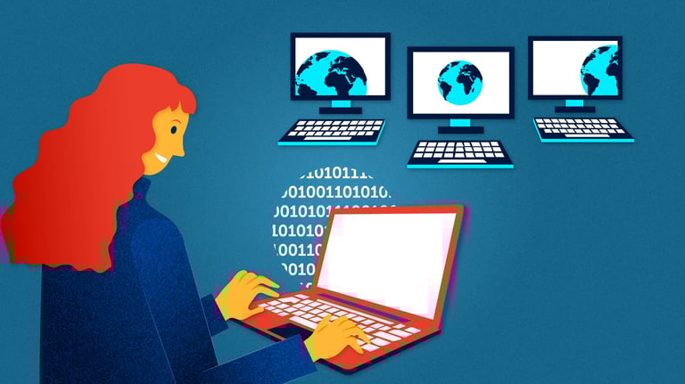 a woman is typing on a laptop and other computers appear in the background. Binary code next to her