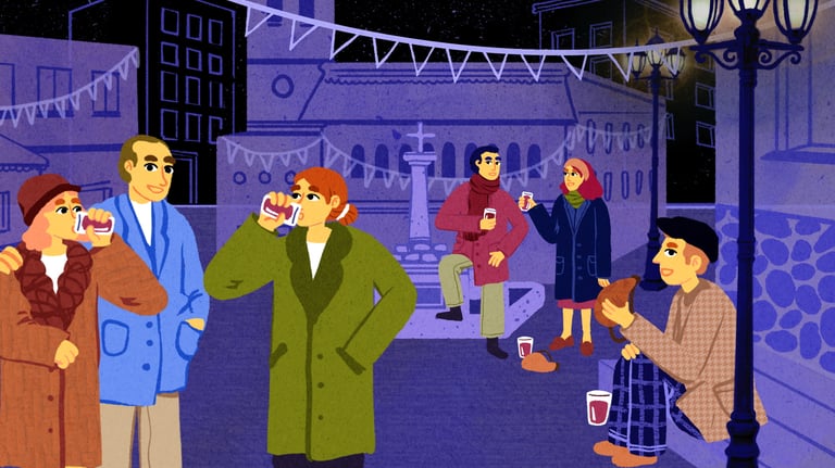 people dressing vintage clothes are drinking wine and beer in the street at night