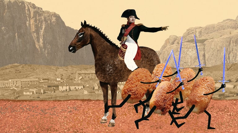 Collage of Napoleon on a horse leading an army of croquettes with blue swords, ready to attack