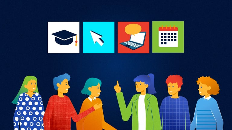 a group of people standing debating with some icons on top depicting learning resources