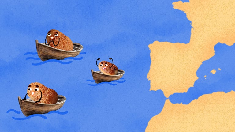 Animated Spanish croquettes in boats sailing away from a map of Spain