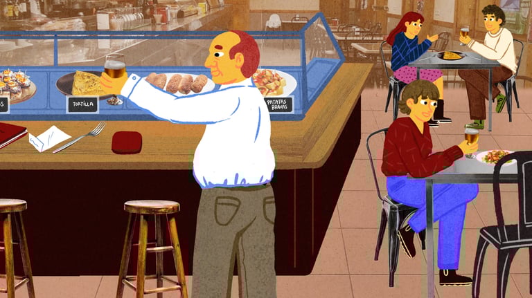Illustration of a Spanish tapas bar with a bartender serving beer and patrons eating tortilla and patatas bravas.
