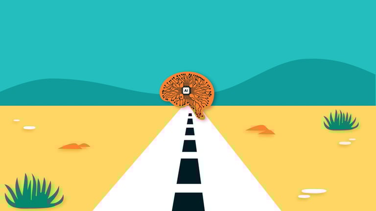 a road in the middle of a landscape going towards a brain with artificial intelligence inside.