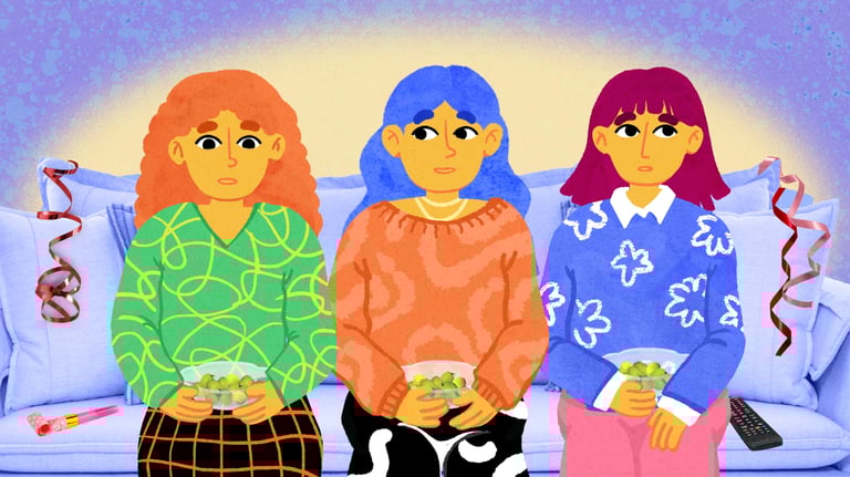 three girls look concerned sitting in the sofa while watching tv