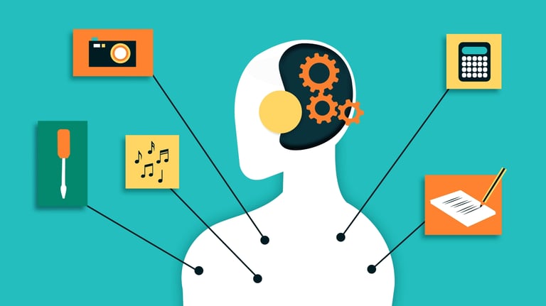 a robot with gears in the head and different symbols popping out of it (music, calculator, notepad)