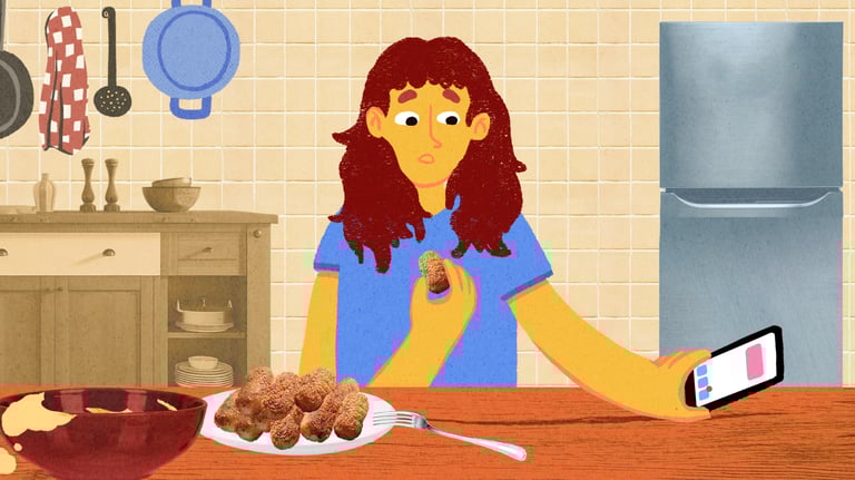 Illustration of a woman distracted by her phone while eating a plate of fried croquettes in a kitchen.