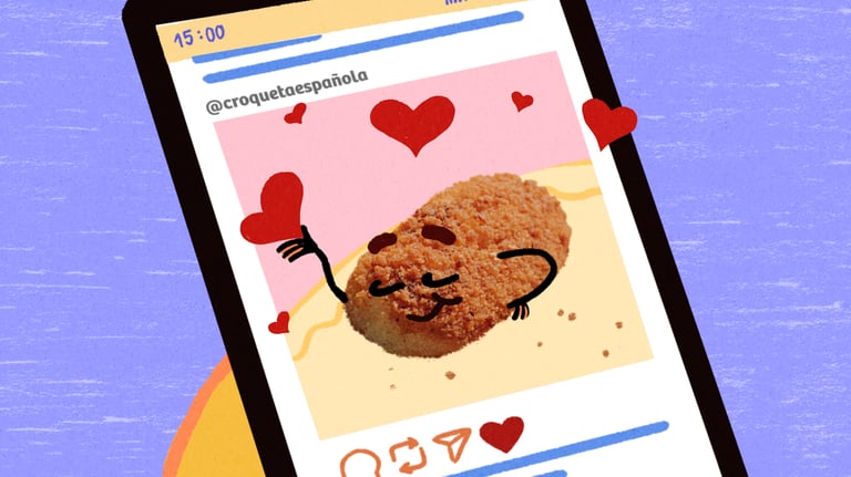 Illustrated croquette character on a social media post surrounded by red love hearts.
