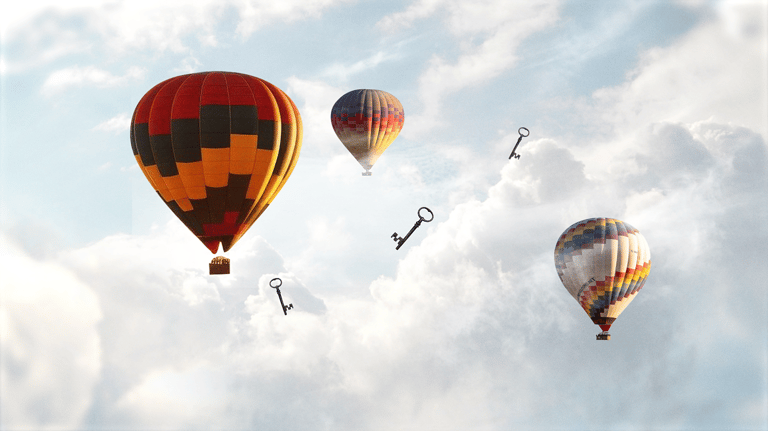 a group of balloons flying in the sky, some keys floating between clouds