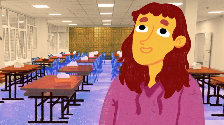 Illustration of a smiling student in a purple hoodie standing in a bright school cafeteria.