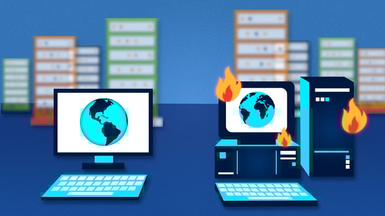 a computer and a laptop with a globe on the screen and fire
