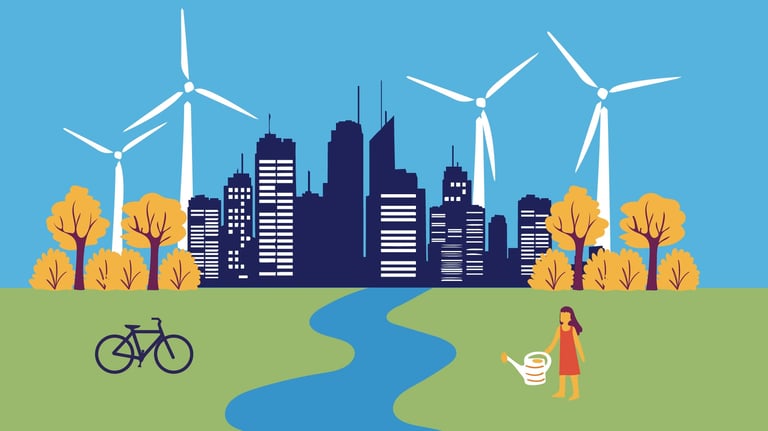 a sustainable city, with wind mills, trees, a river, a bike and a woman watering the grass