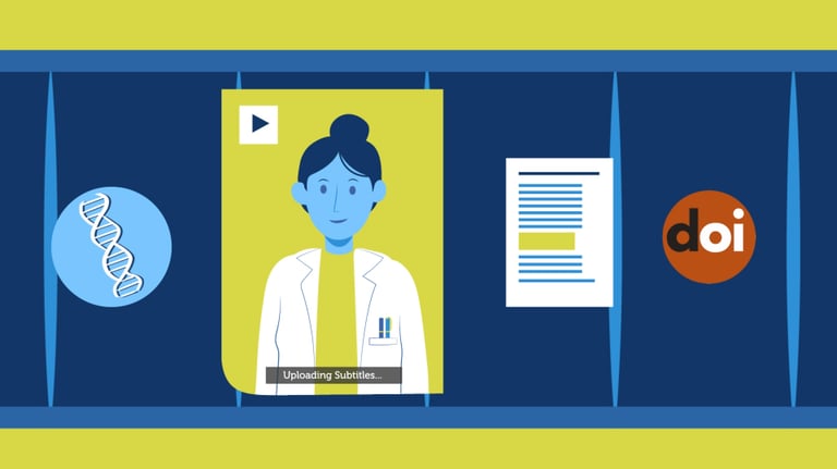 assembly line with a video thumbnail and other elements like a document, DOI and DNA