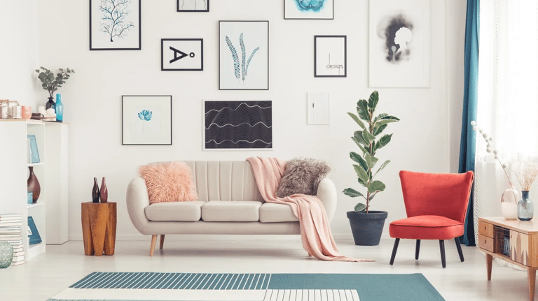a living room with a couch and a rug