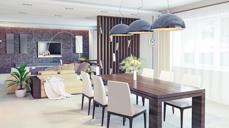 a dining room with a table and chairs