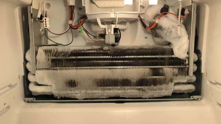 a fridge evaporator covered with ice that showing defrost issue