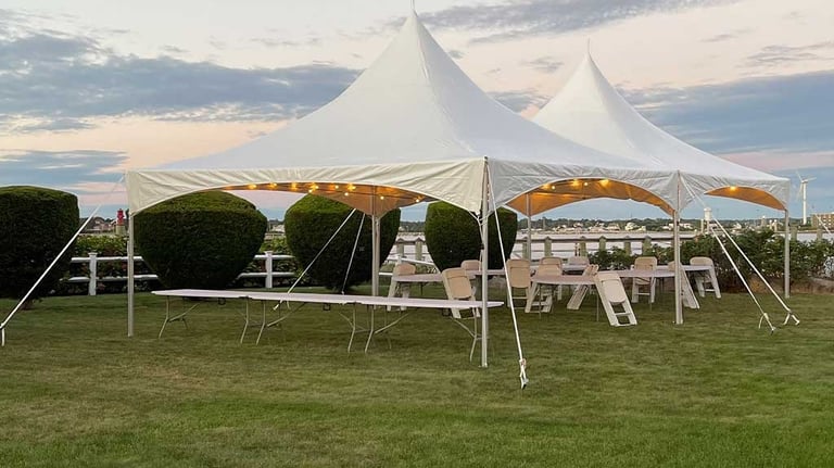 20x40 white tent, outdoor event, tables, chairs