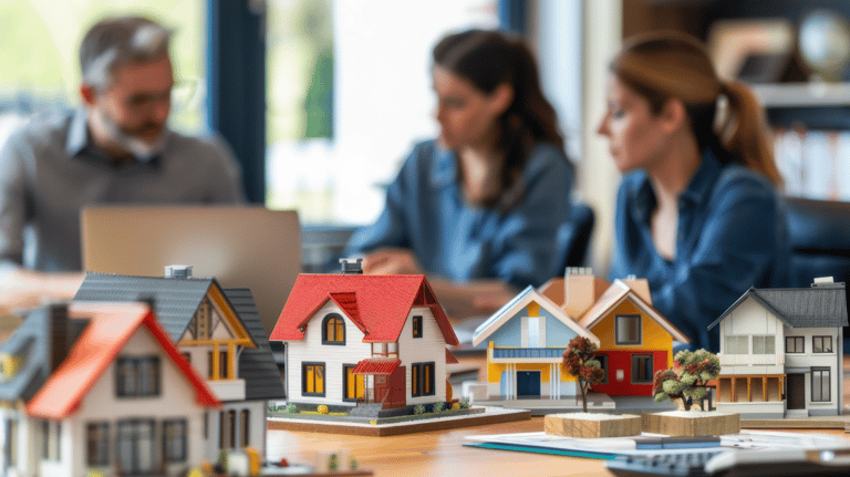 Imagen de una maqueta de casas y al fondo dos mujeres reunidas con un asesor