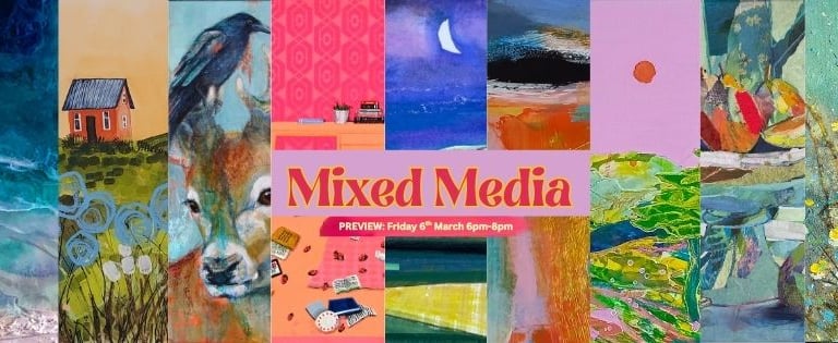 A colorful collage of mixed media contemporary art paintings featuring landscapes, animals, and abstract patterns.