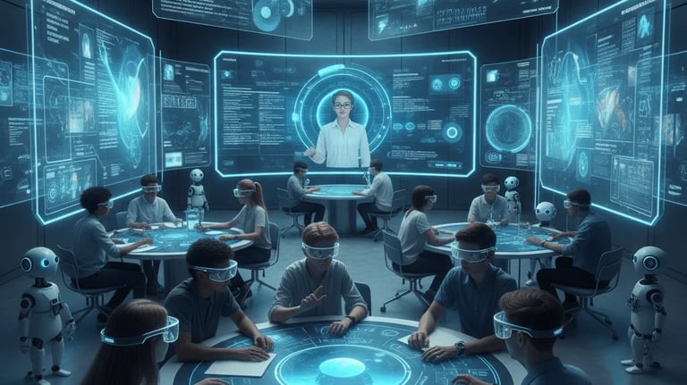 Digital futuristic data analytics lab with holographic dashboards and blue interface