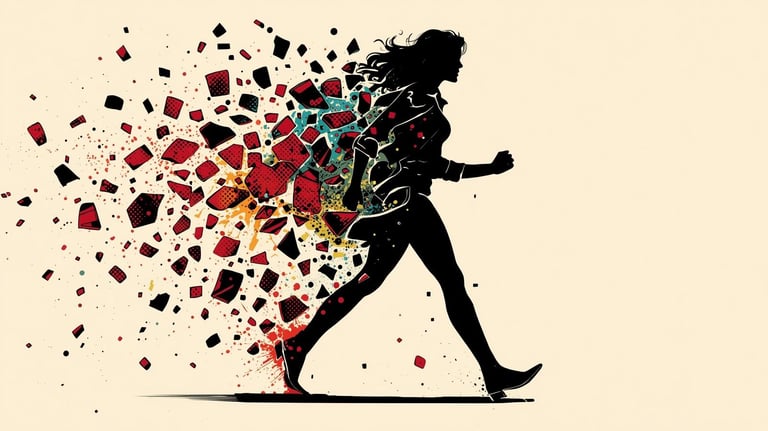 A dynamic comic book style illustration of a woman's silhouette in motion, depicted as if dissolving or fragmenting into nume