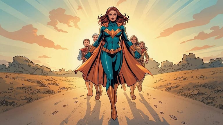 A powerful comic book woman hero, clad in a striking turquoise and dark orange costume, strides confidently forward on a clea