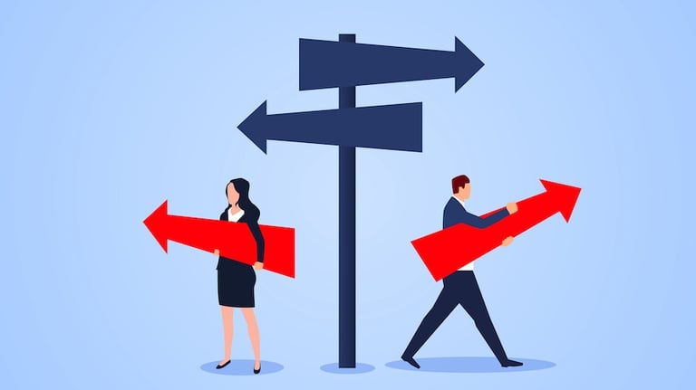 a man and woman are standing in front of a sign and both heading to the other direction