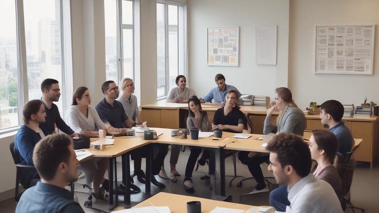 A yellow sign with bold black text in German promoting an agency located on a street. The background shows part of an urban setting with tables and chairs on a sidewalk.