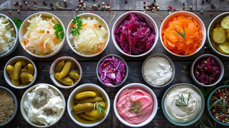 16 bowls of fermented foods on a wooden table