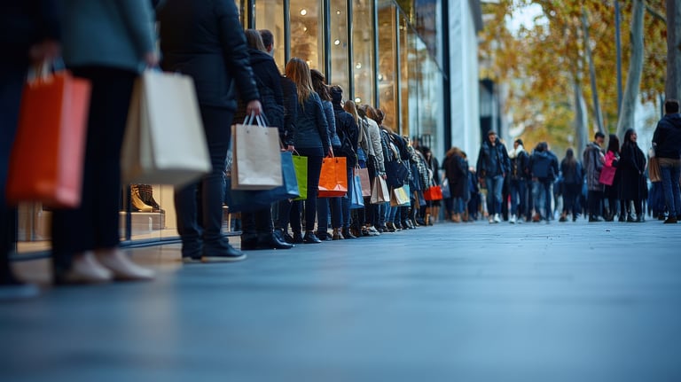 a long line of people walking down a street