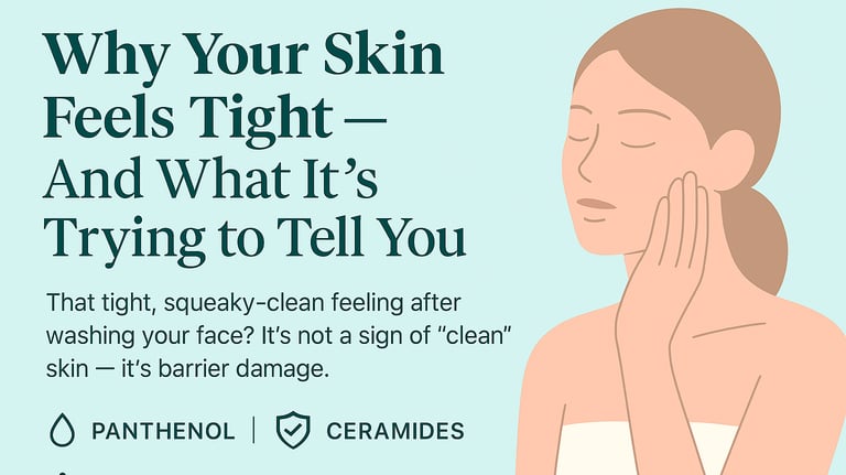 Illustration of woman touching face beside title Why Your Skin Feels Tight — skincare barrier advice