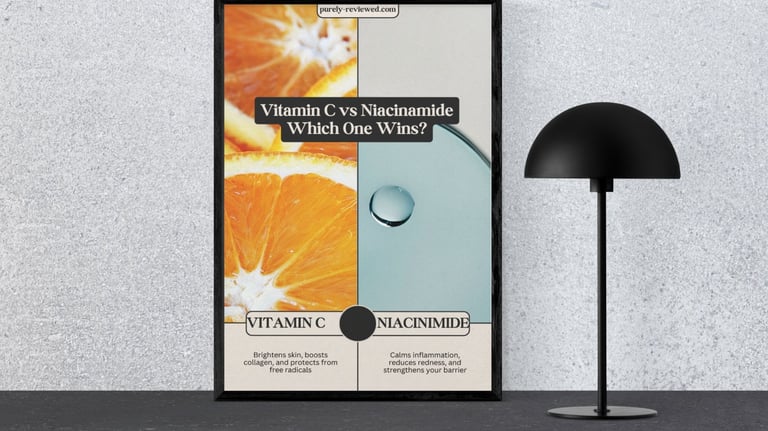 Poster comparing Vitamin C vs Niacinamide skincare ingredients – brightening and calming benefits