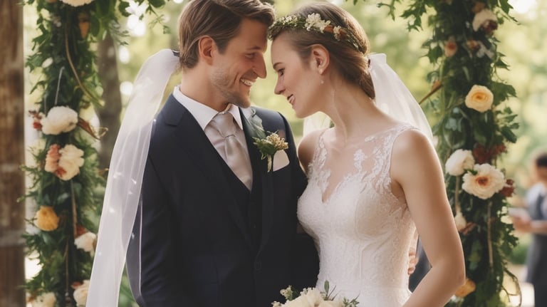 A joyful couple celebrating their wedding day.