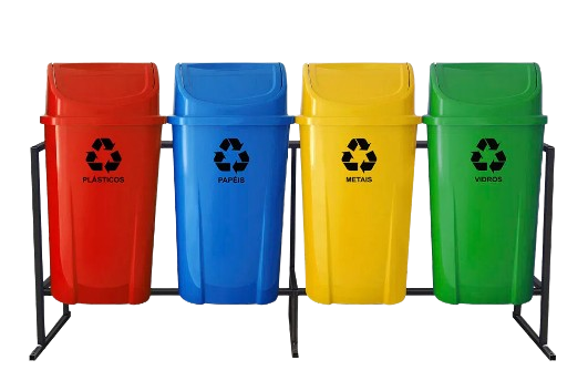 a row of three rectanglel trash cans with recycling bins