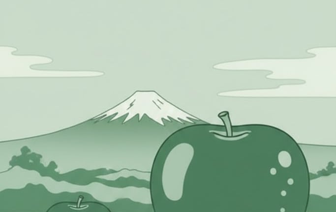 Conceptual art of two green apples and Mt Fuji symbolising a 20-50% target yield.