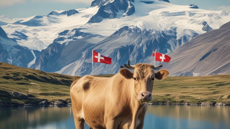 A Swiss flag waves prominently against a backdrop of majestic snow-covered mountains under a clear blue sky. The mountain peaks are rugged with visible glaciers.