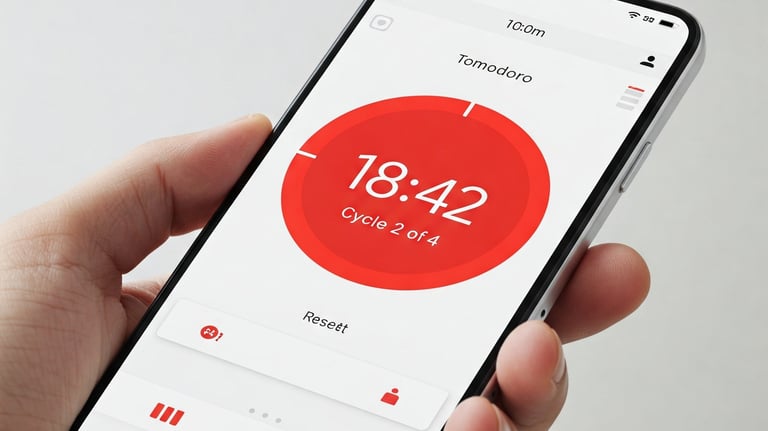 Una mano sujeta un smartphone y en su pantalla se ve un temporizador redondo con fondo rojo.