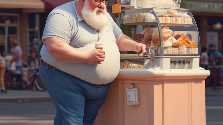 A sno-cone machine is situated on a white table outdoors. The machine has a metallic top with a large spout and a clear glass compartment filled with ice. A blue sign on the top reads 'ICE COLD SNO-CONES REFRESHING' with snowflake symbols. The background has lush green trees and a well-maintained lawn.