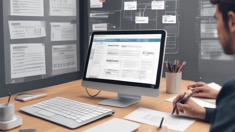 A business model canvas displayed on a corkboard features several categories with sticky notes of various colors. The categories include key partners, key activities, value proposition, customer relationships, customer segments, channels, cost structure, and revenue streams. Each category contains notes with handwritten text that describes elements of a business strategy, divided into sections using lines on the board.