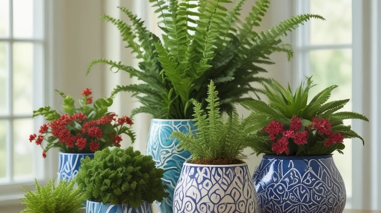 Three large stone planters filled with lush green foliage and small pink flowers are positioned on a sidewalk. Behind them is a building with large glass windows displaying signage and gold-colored framing.