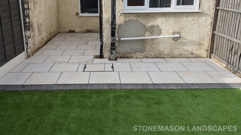 Small Budget Garden Makeover Porcelain Slabs, Artificial Grass & Grey Painted Fence
