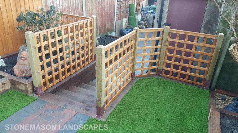 Garden Levelling Sleeper Retaining Wall Steps Planters Trellis Fence Artificial Grass