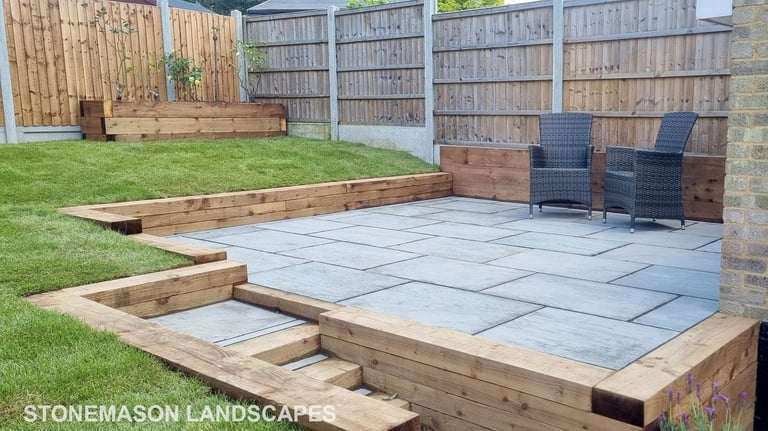 Sleeper Walls Planters & Steps Grey Sandstone Patio & Lawn - Upminster Hornchurch Brentwood Romford 