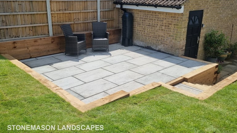 Sleeper Walls Planters & Steps Grey Sandstone Patio & Lawn - Upminster Hornchurch Brentwood Romford 