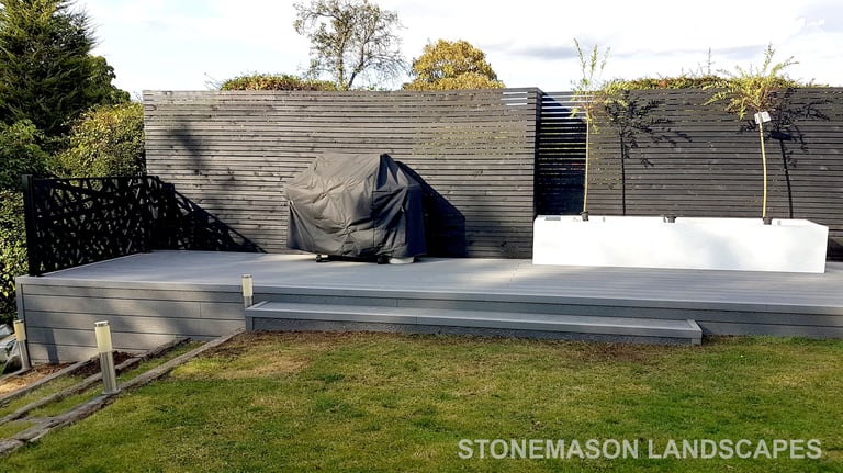 Plastic Composite Grey Modern Imitation Wooden Decking Terrace & Slatted Charcoal Fence