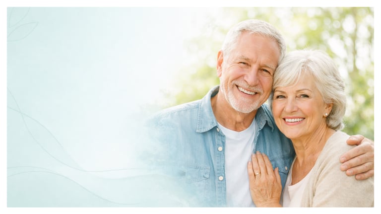 Smiling senior couple embracing outdoors, representing healthy aging and retirement lifestyle.